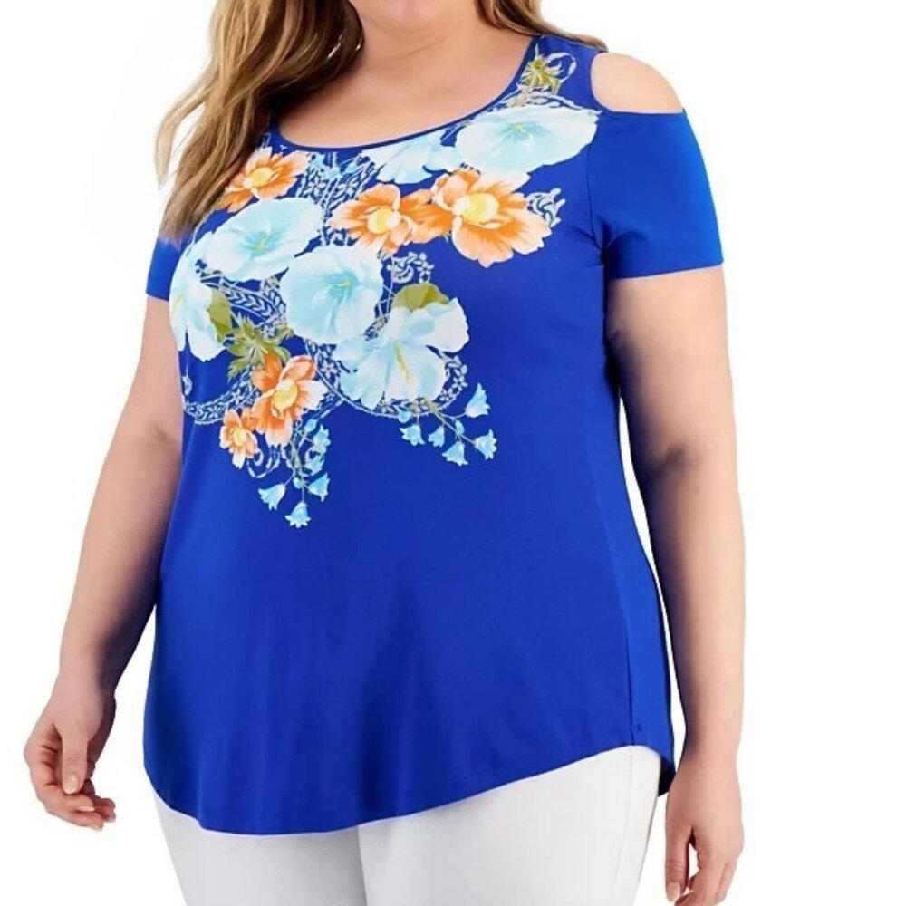 JM Collection Women's Plus Size Cold-Shoulder T-Shirt Top, Blue Multi Floral - Picture 3 of 3